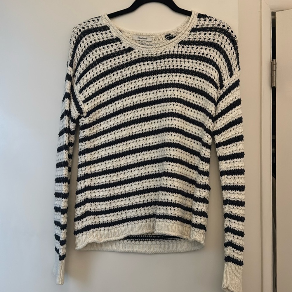 Striped white/blue cotton blend madewell sweater, size XS NWOT
